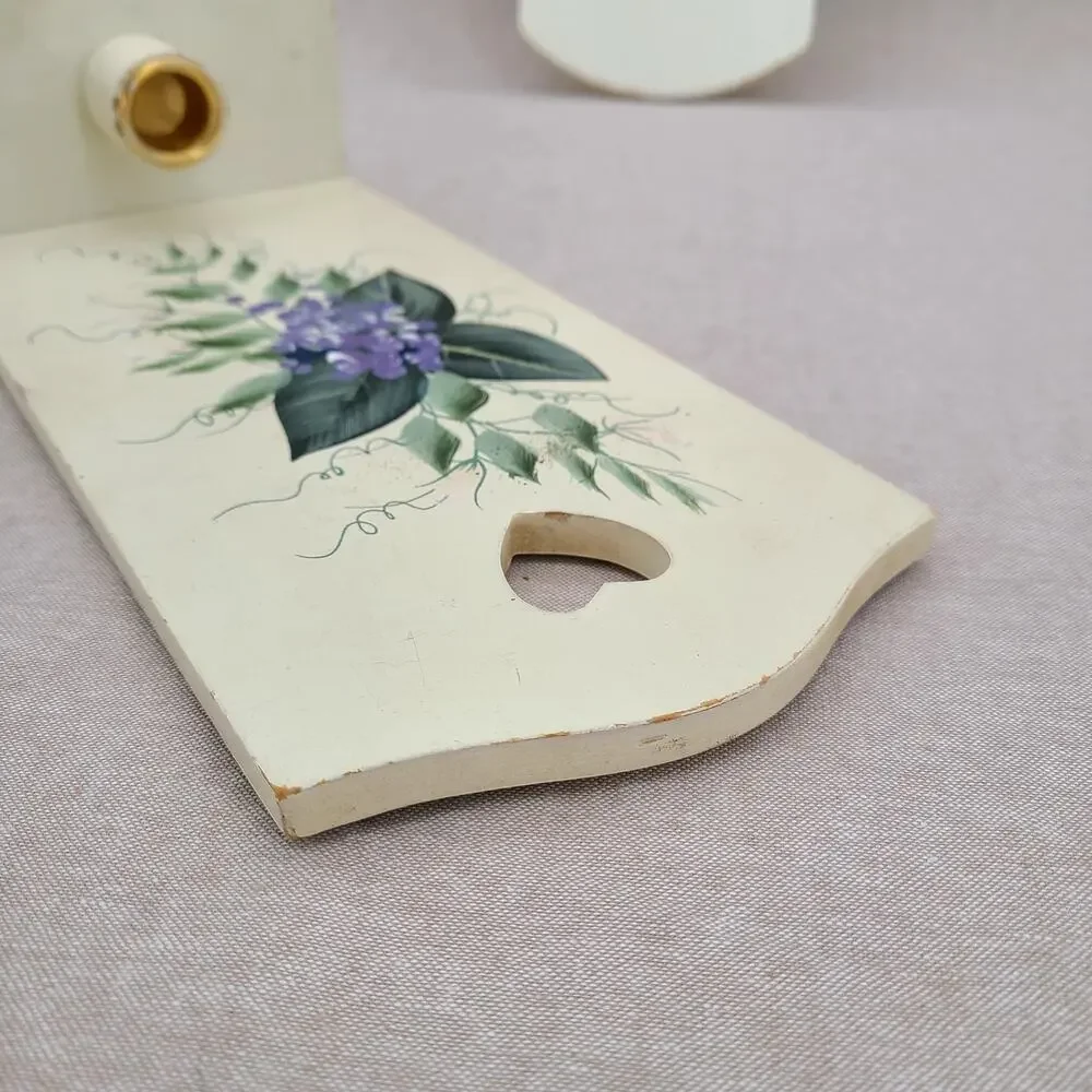 Cottagecore Gallery Wall Accent: Pair Candle Holders Handpainted Floral Purple